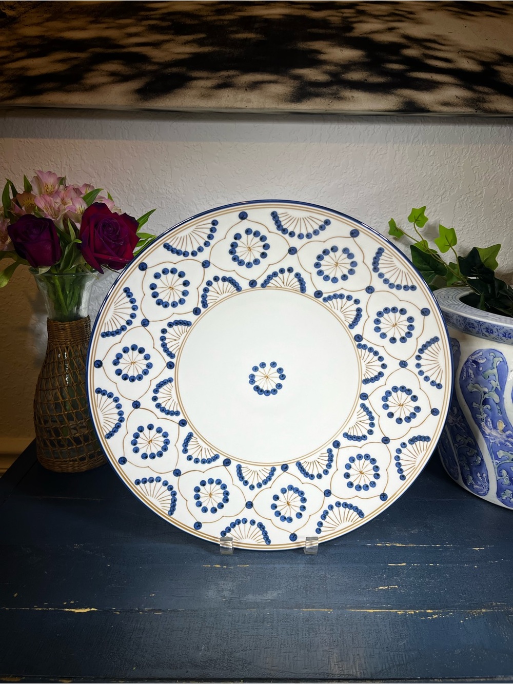 Porcelain Charger with Blue Dots, Gold Mosaic Vintage Modern by Thomas O’Brien